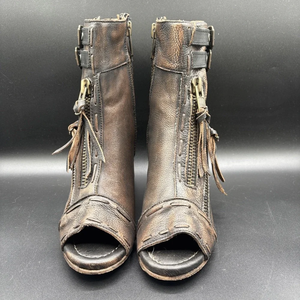 Freebird Zombi Leather Ankle Bootie Women's 8 Brown Zip Buckle Fringe Round Toe